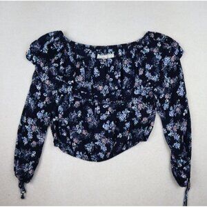 ABERCROMBIE & FITCH - WOMEN'S BLUE FLORAL PRINT CROPPED BOHO PEASANT TOP - S